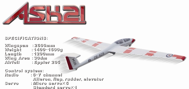 HC-FF ASK 21 2.6m ARF Semi-Scale Glider (image for) HC-FF ASK 21 2.6m ARF Semi-Scale Glider
